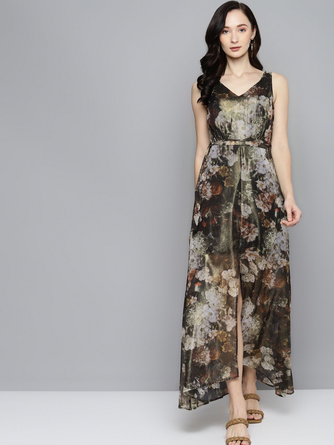 SASSAFRAS Green & Olive Green Floral Chiffon A-Line Maxi Dress Price in India