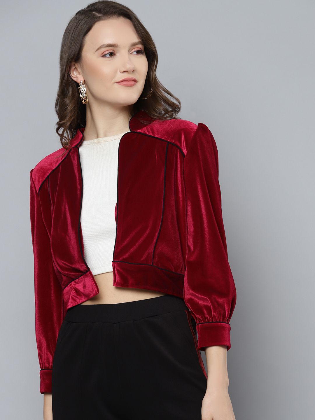 SASSAFRAS Women Red Velvet Finish Crop Open Front Jacket Price in India