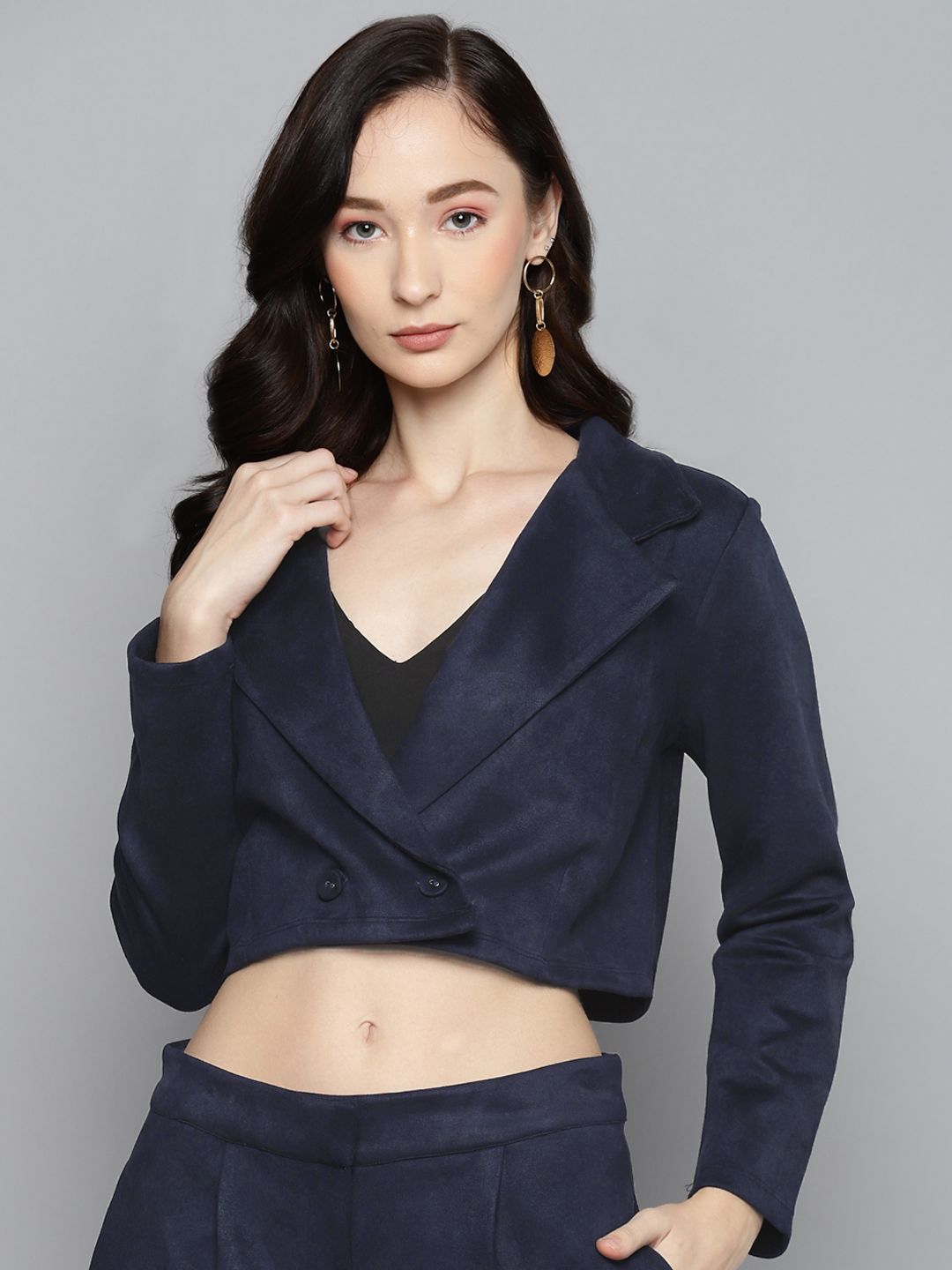 SASSAFRAS Women Navy Blue Suede Crop Blazer Price in India