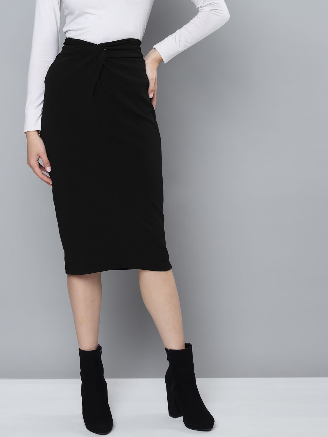 SASSAFRAS Women Black Solid Twisted Pencil Skirt Price in India
