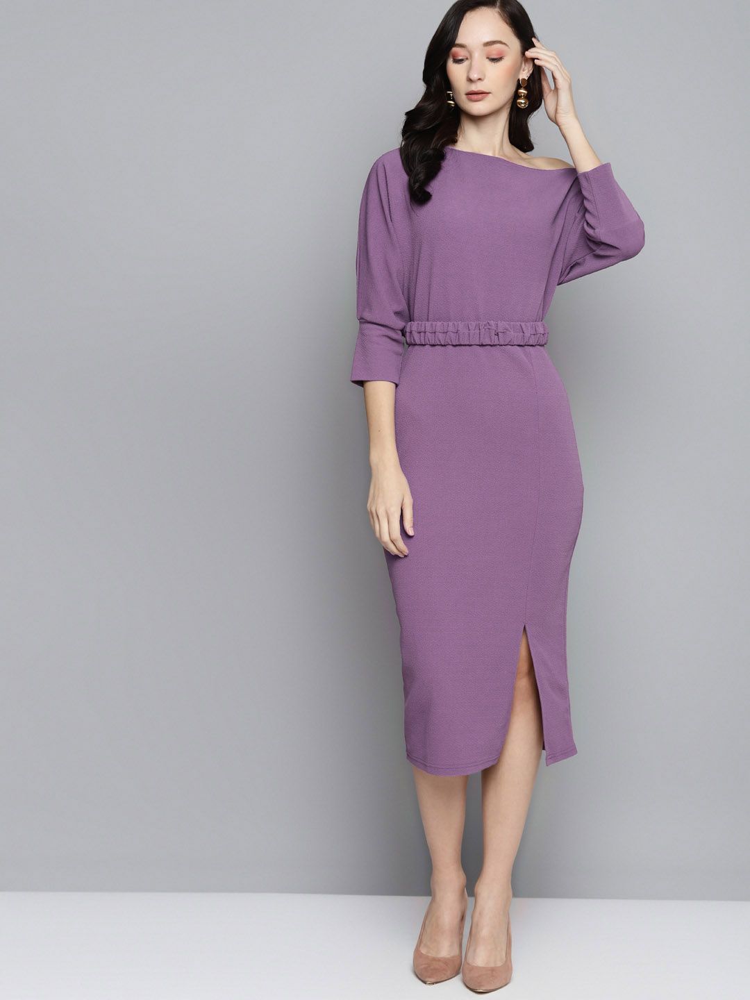 SASSAFRAS Lavender Belted Drop Shoulder Midi Dress Price in India