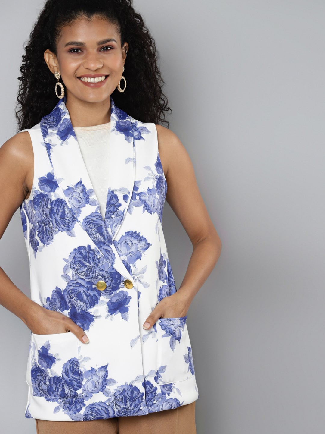 SASSAFRAS Women White & Blue Floral Scuba Sleeveless Blazer Price in India