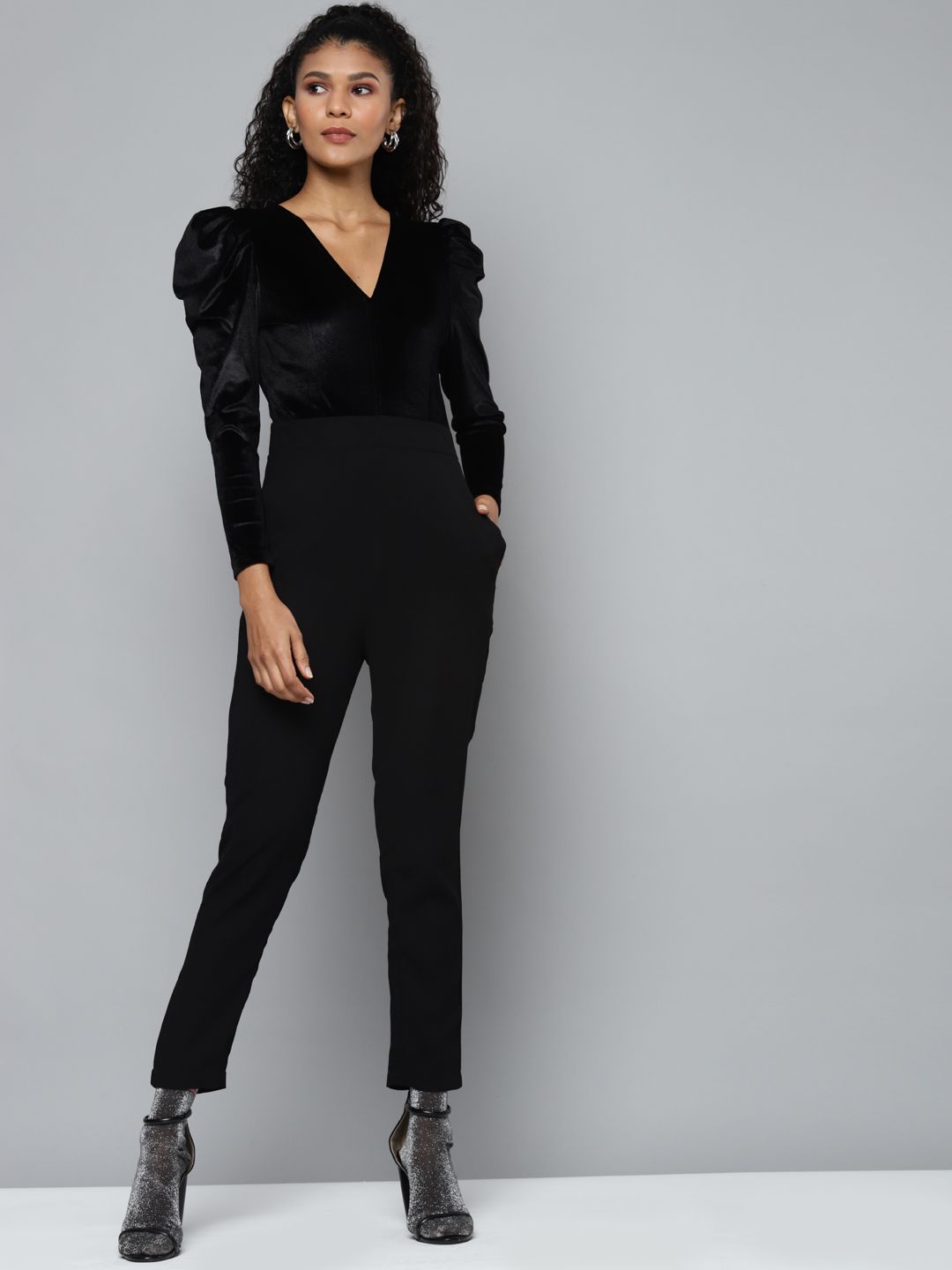 SASSAFRAS Black Velvet Tailor Fit Jumpsuit Price in India