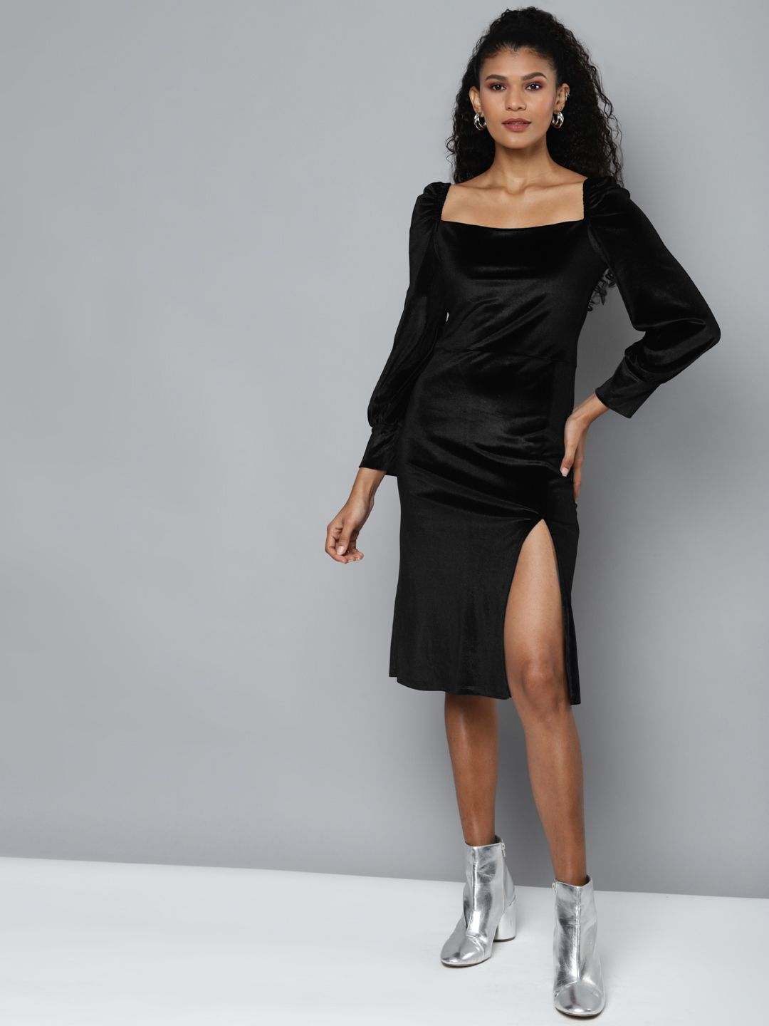 SASSAFRAS Black Velvet Front Slit Bodycon Dress Price in India