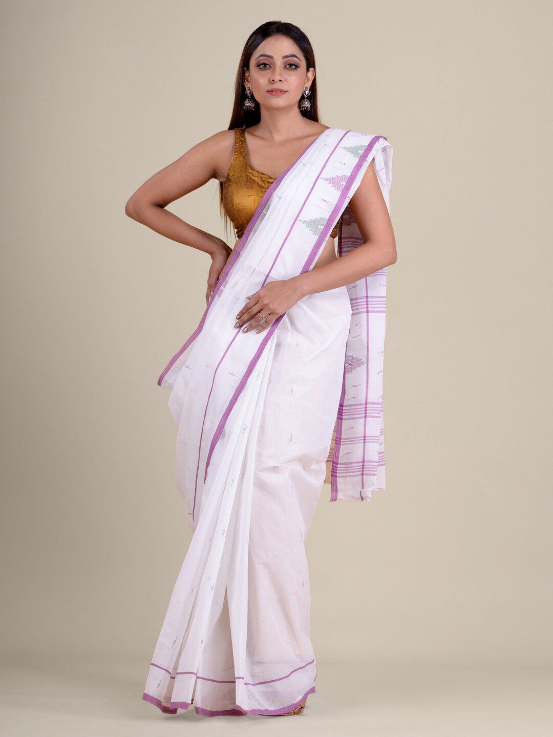 Mitera White & Purple Woven Design Pure Cotton Taant Handloom Saree Price in India