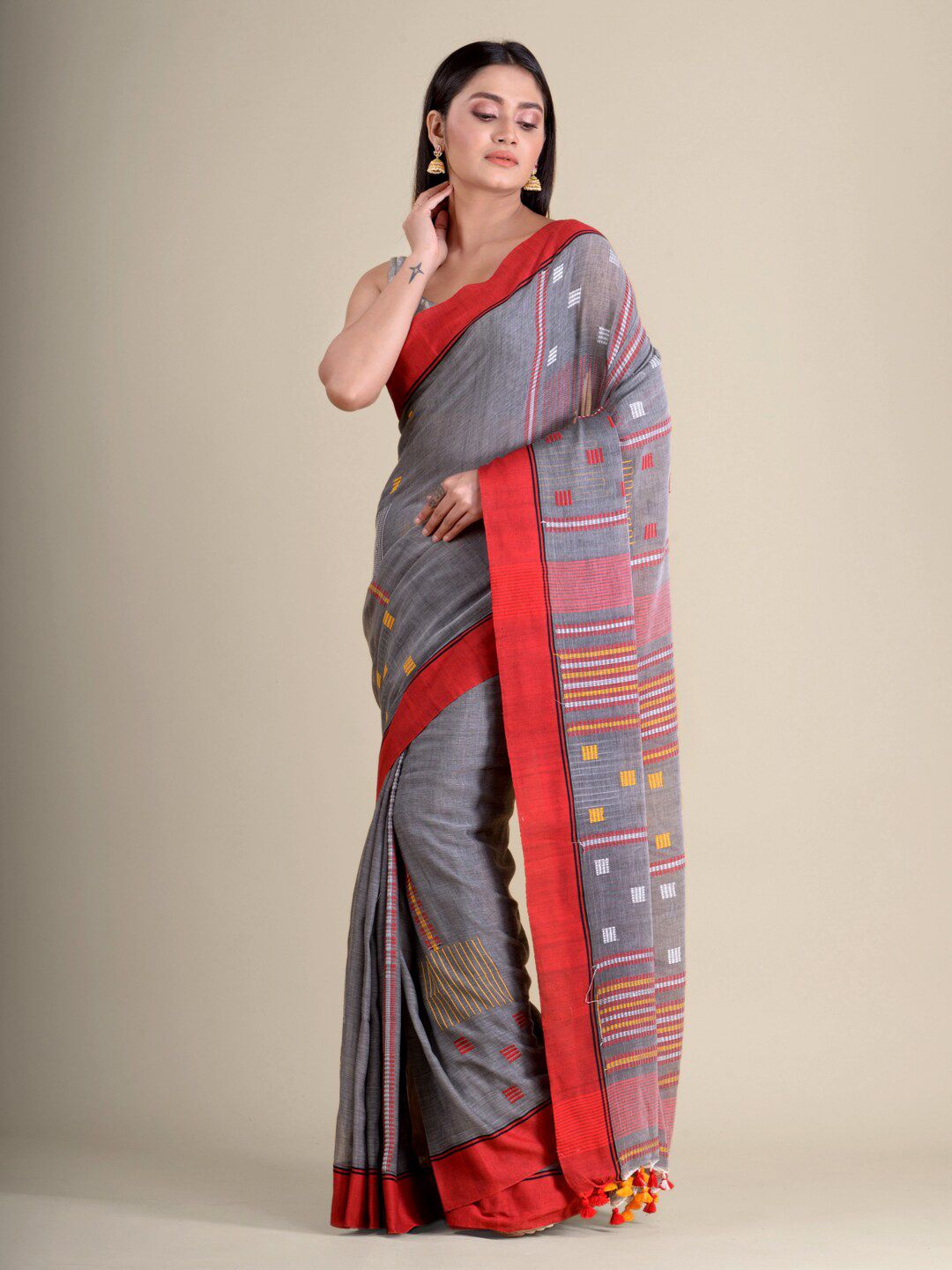 Mitera Grey & Red Woven Design Pure Cotton Handloom Saree Price in India