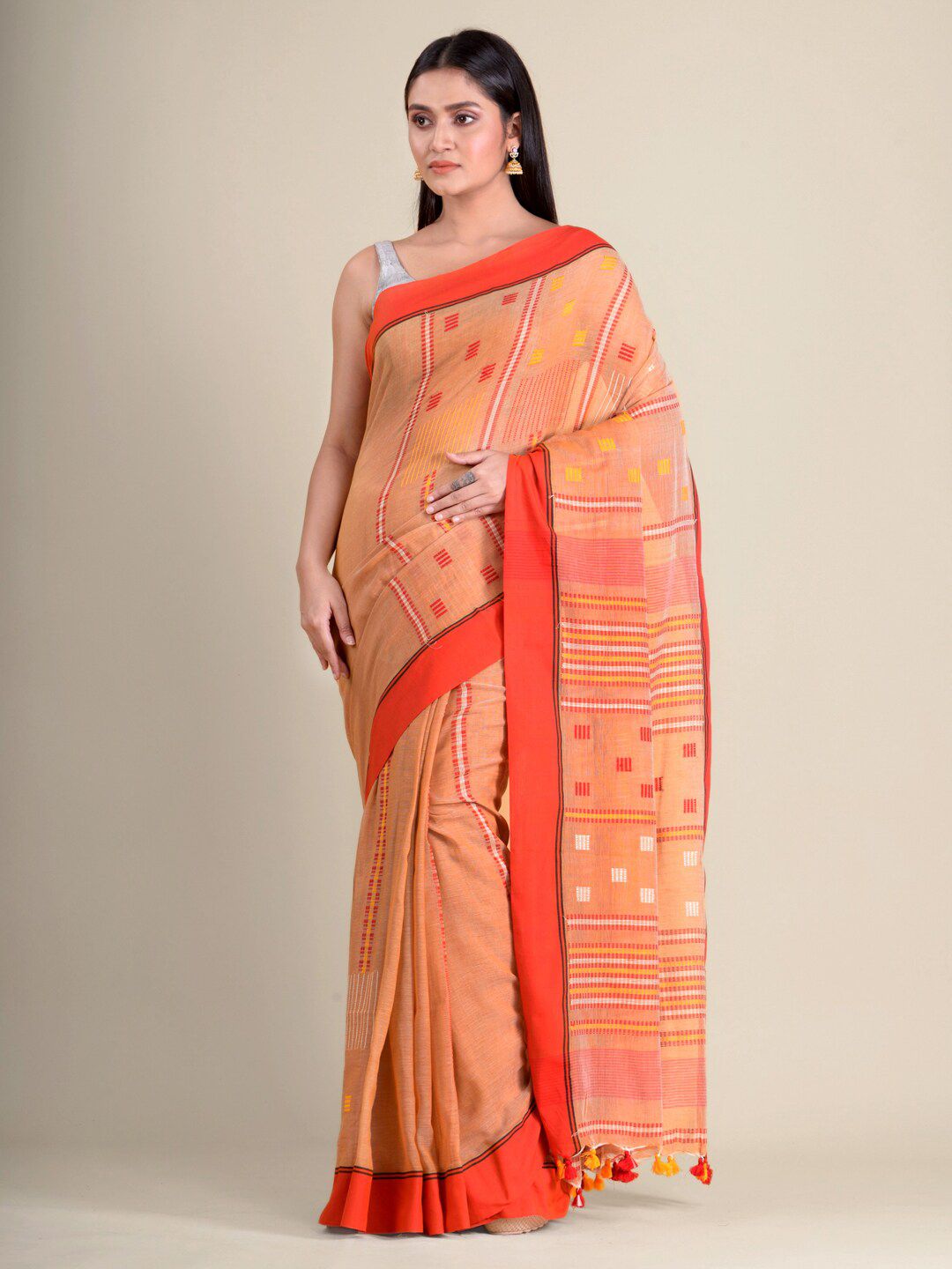 Mitera Beige & Orange Woven Design Pure Cotton Handloom Saree Price in India