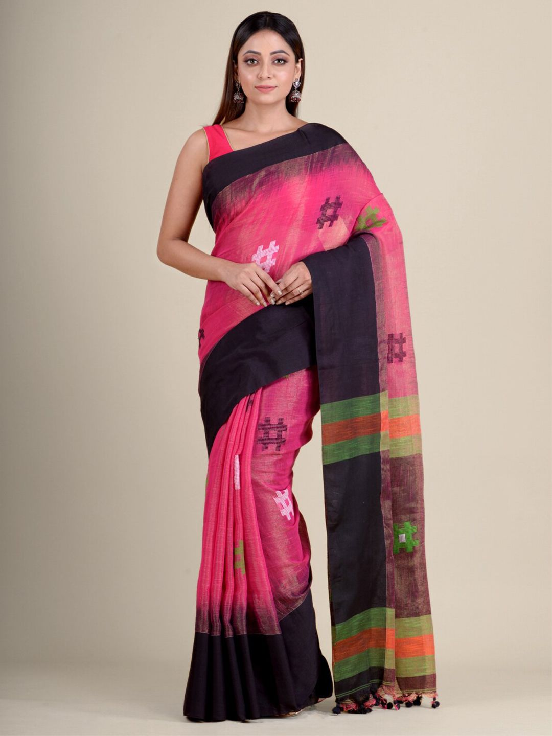 Mitera Pink & Black Woven Design Pure Cotton Handloom Saree Price in India