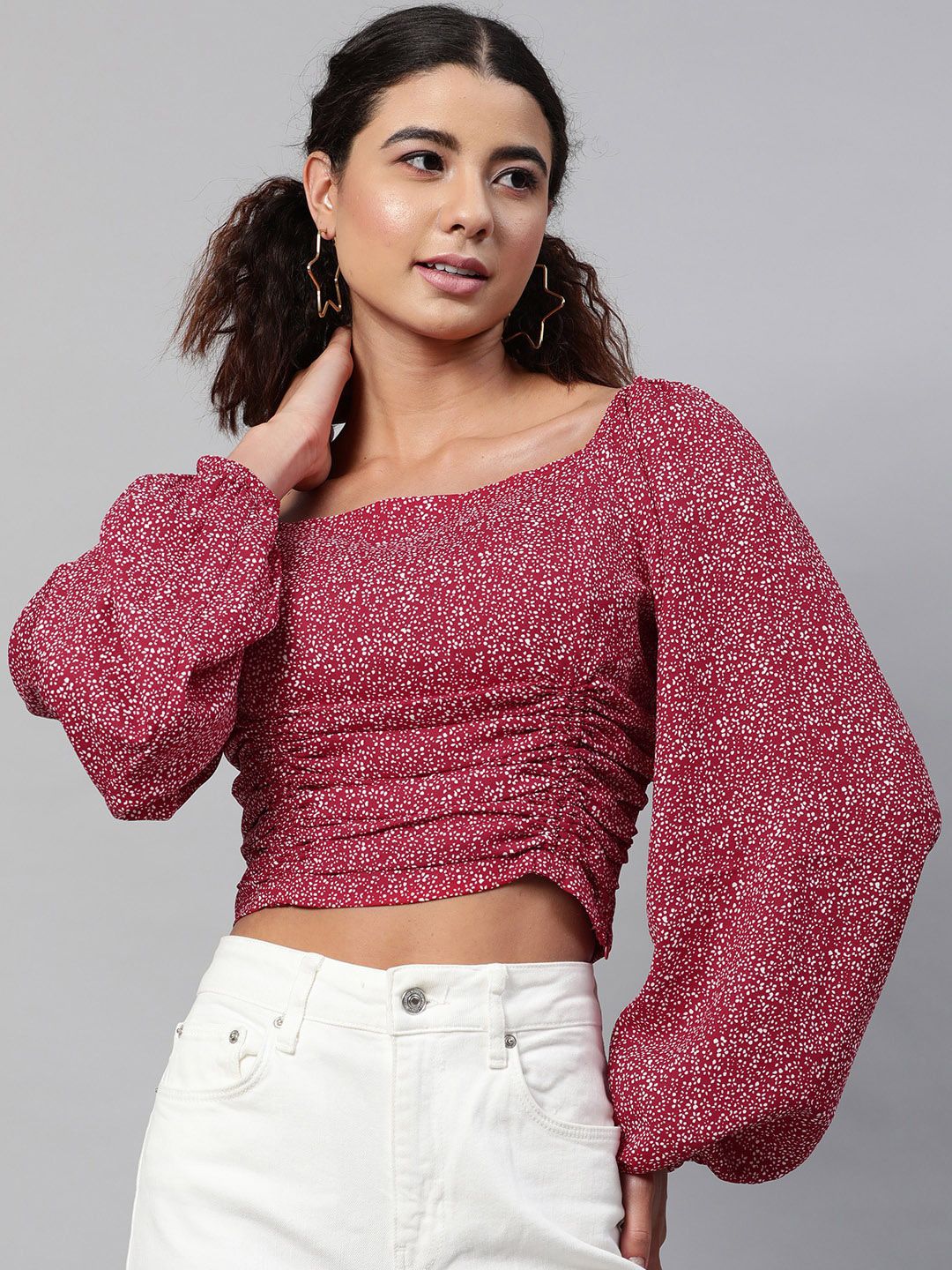 STREET 9 Maroon Floral Georgette Fitted Crop Top Price in India