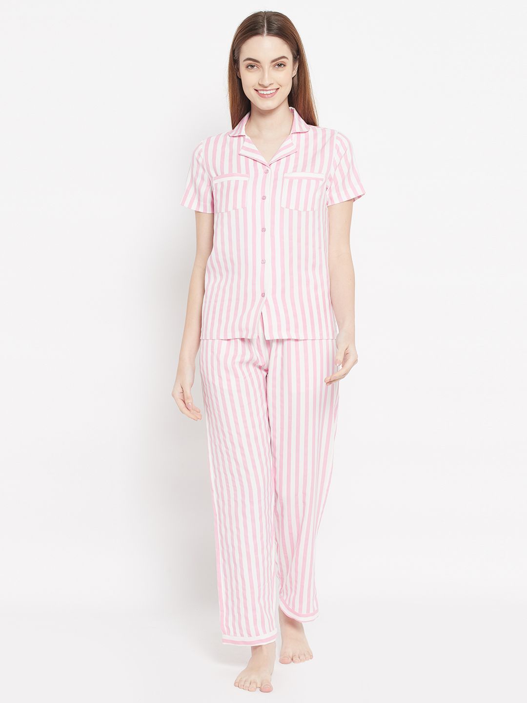 HOUSE OF KKARMA Women Pink & White Striped Night Suit Price in India