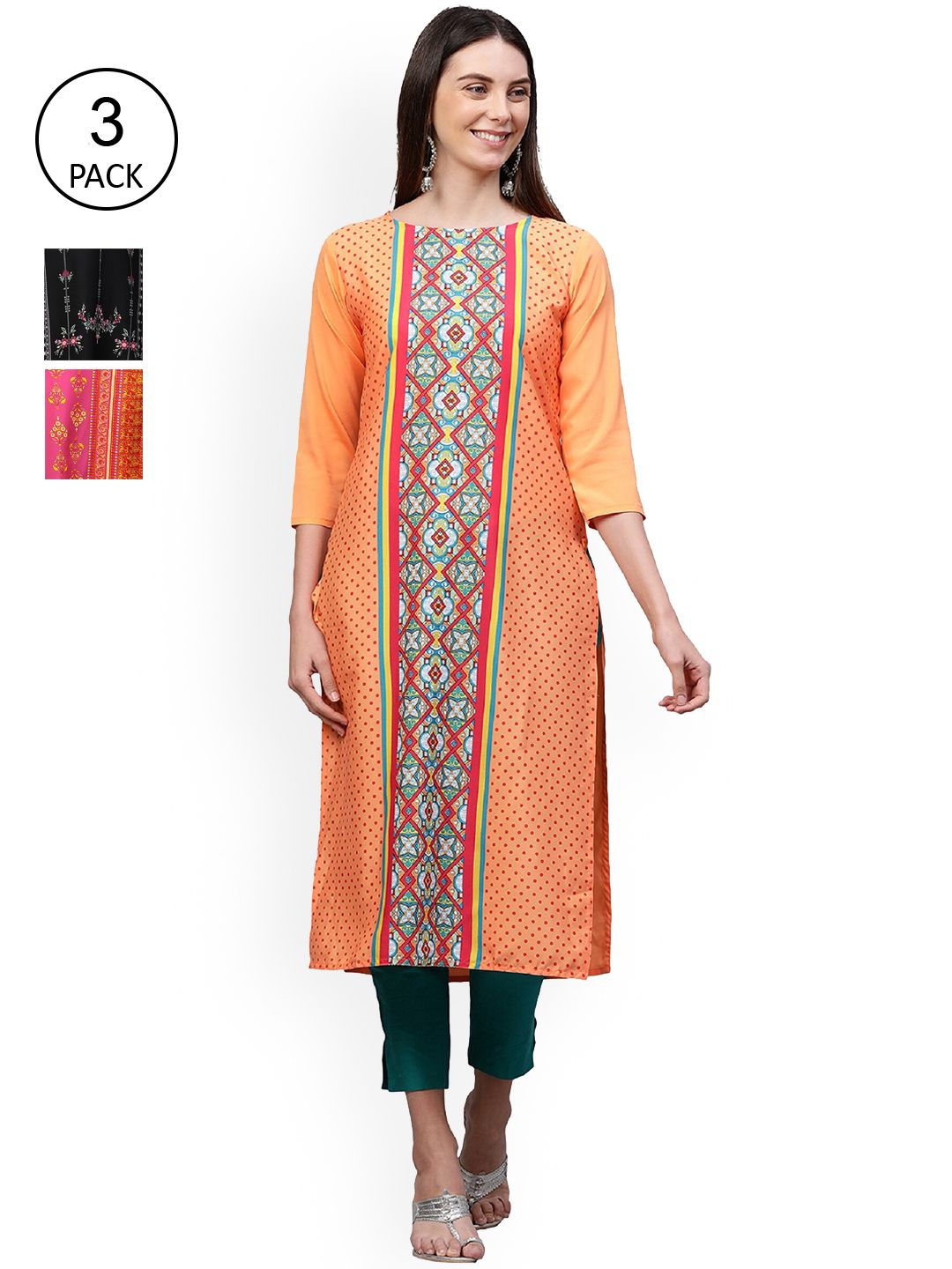 GoSriKi Women Multicoloured Ethnic Motifs Printed Mirror Work Crepe Kurta