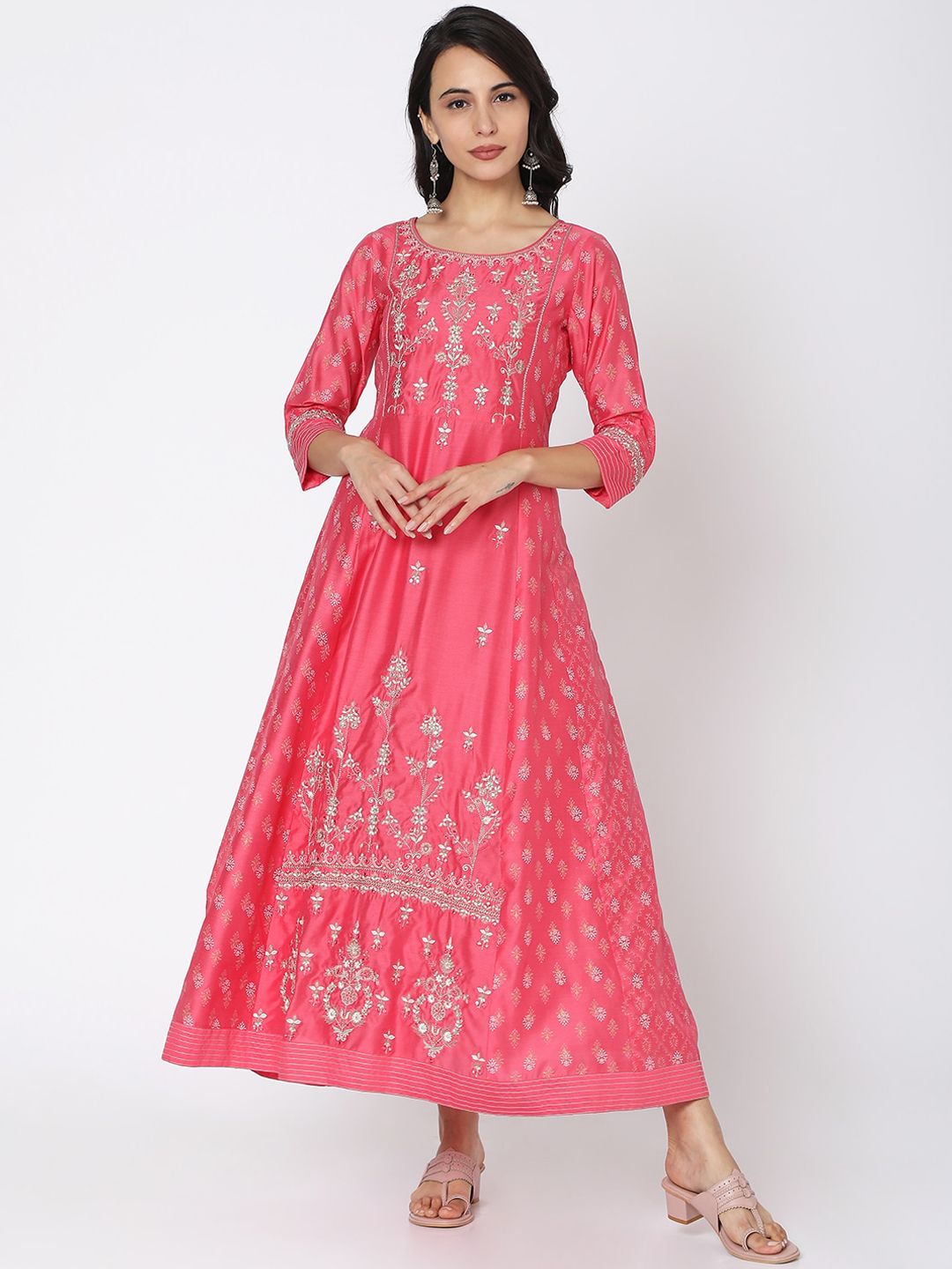 Ojas Designs Women Pink & White Ethnic Motifs Maxi Dress Price in India