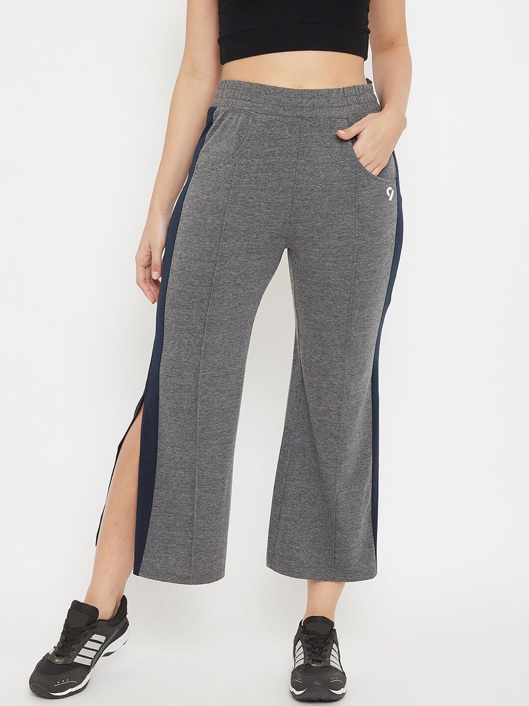 C9 Airwear Women Grey Solid Track Pants With Side Slits Price in India