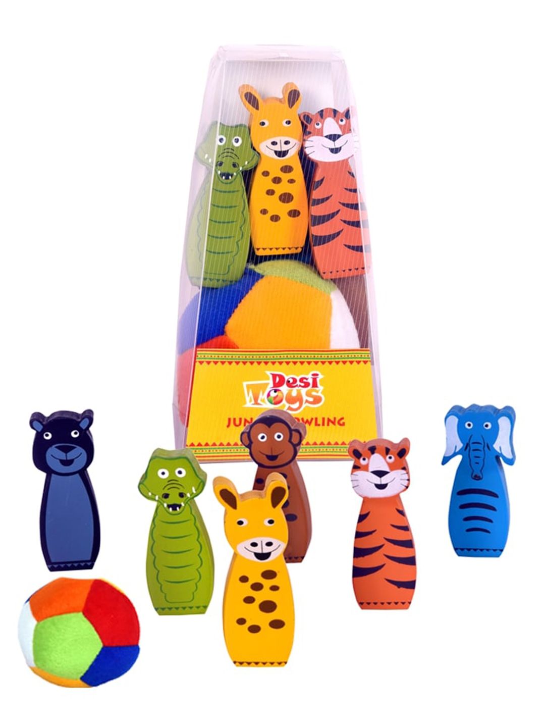 Desi Toys Kids Multi-Coloured Wooden Jungle Bowling Game