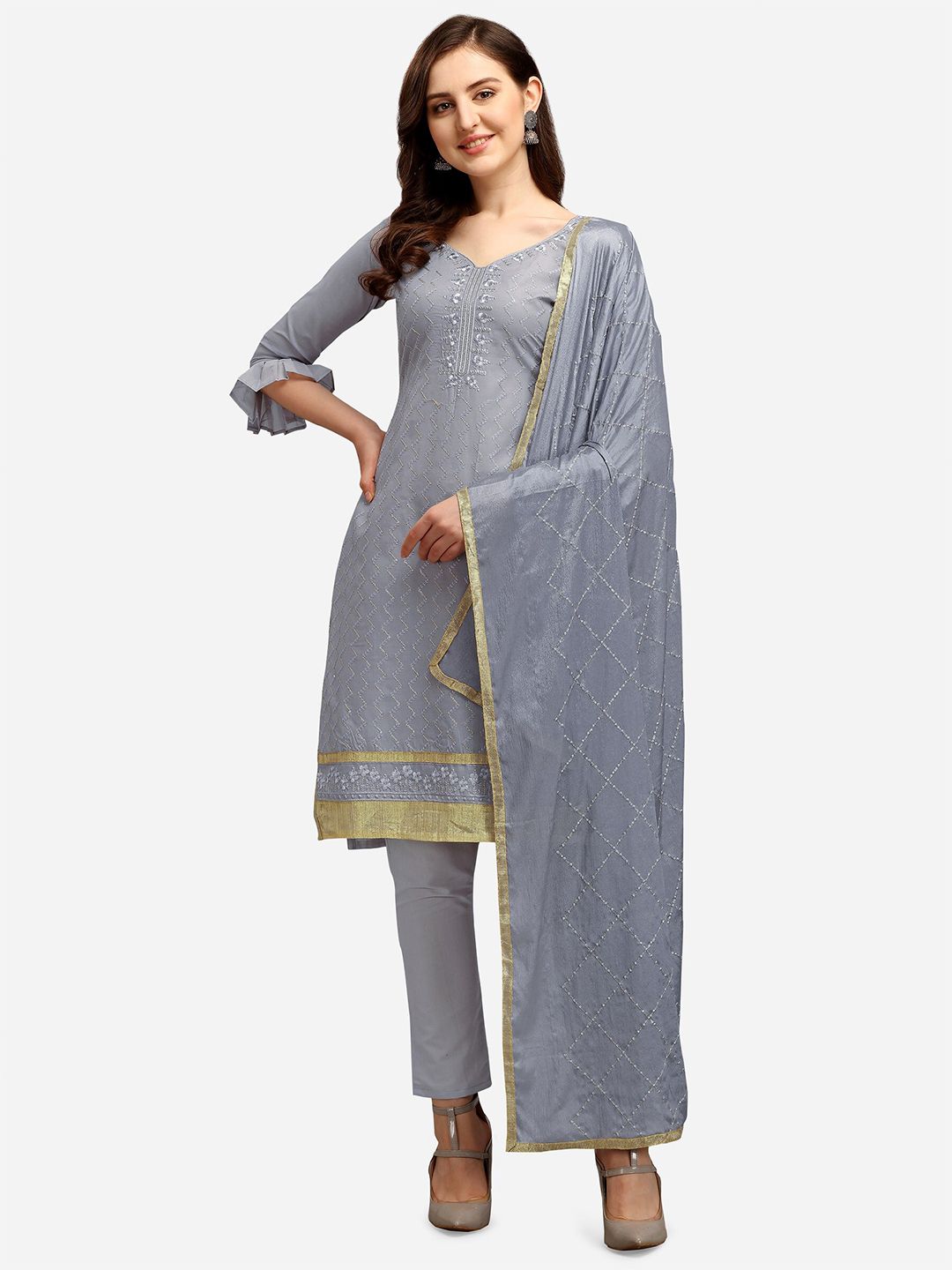 Ethnic Junction Silver-Toned & Gold-Toned Embroidered Unstitched Dress Material Price in India