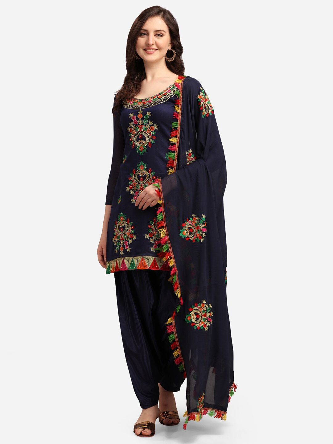 Ethnic Junction Navy Blue & Red Embroidered Unstitched Dress Material Price in India