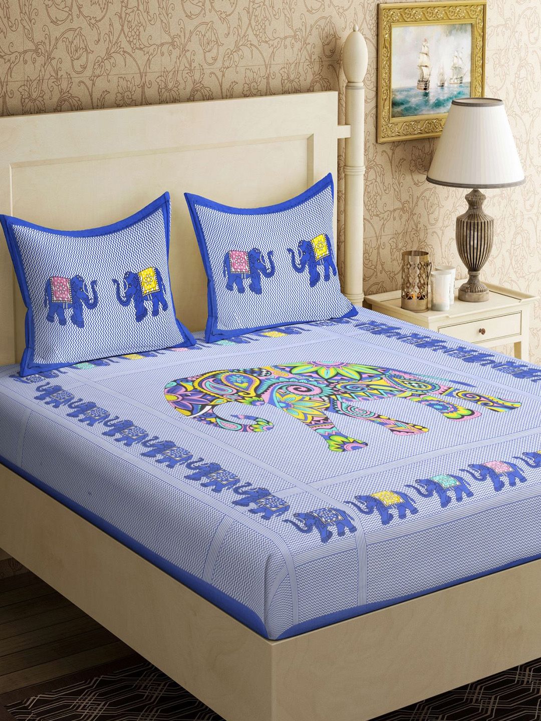 Varde Blue & Green Ethnic Motifs 104 TC Pure Cotton Queen Bedsheet With 2 Pillow Covers Price in India