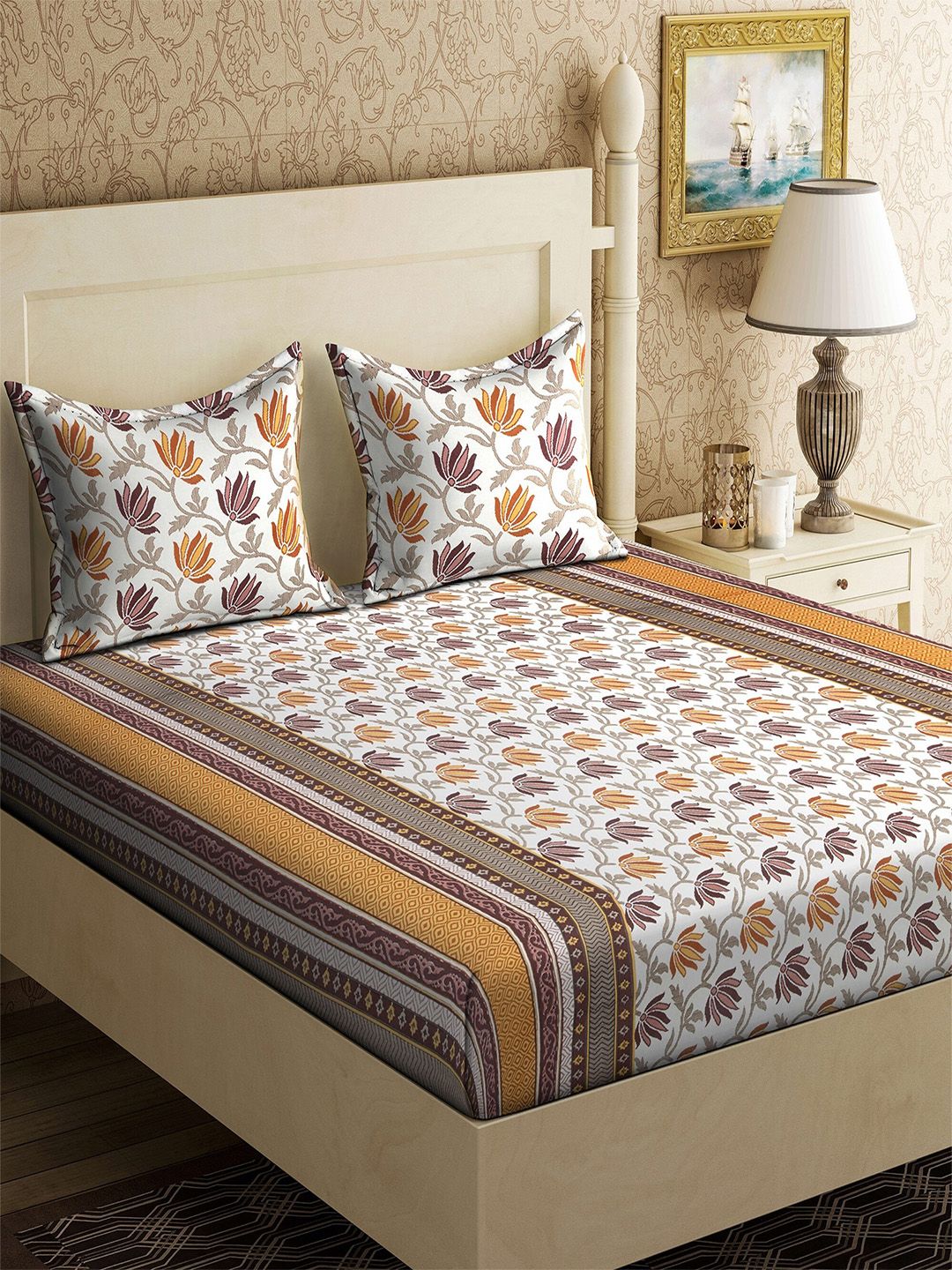 Varde White & Brown Floral 104 TC Pure Cotton Queen Bedsheet With 2 Pillow Covers Price in India