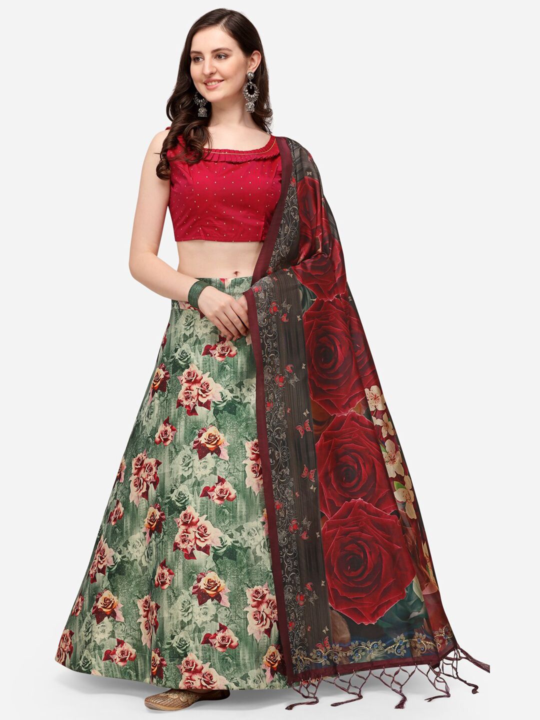 Mitera Green & Maroon Semi-Stitched Lehenga & Unstitched Blouse With Dupatta Price in India