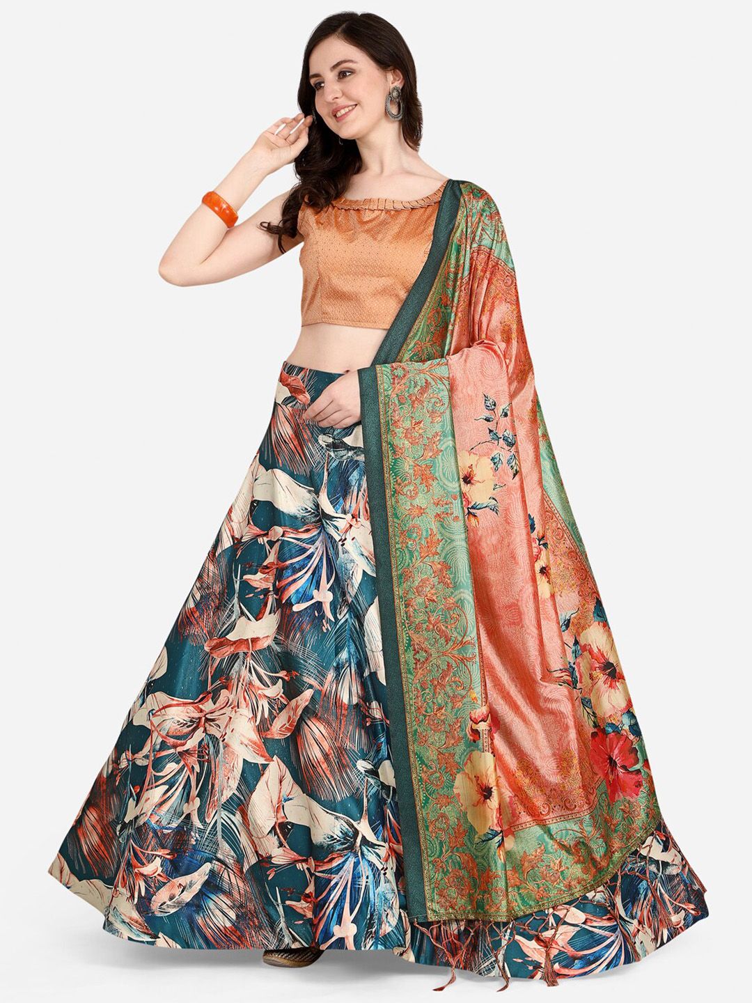 Mitera Blue & Orange Semi-Stitched Lehenga & Unstitched Blouse With Dupatta Price in India