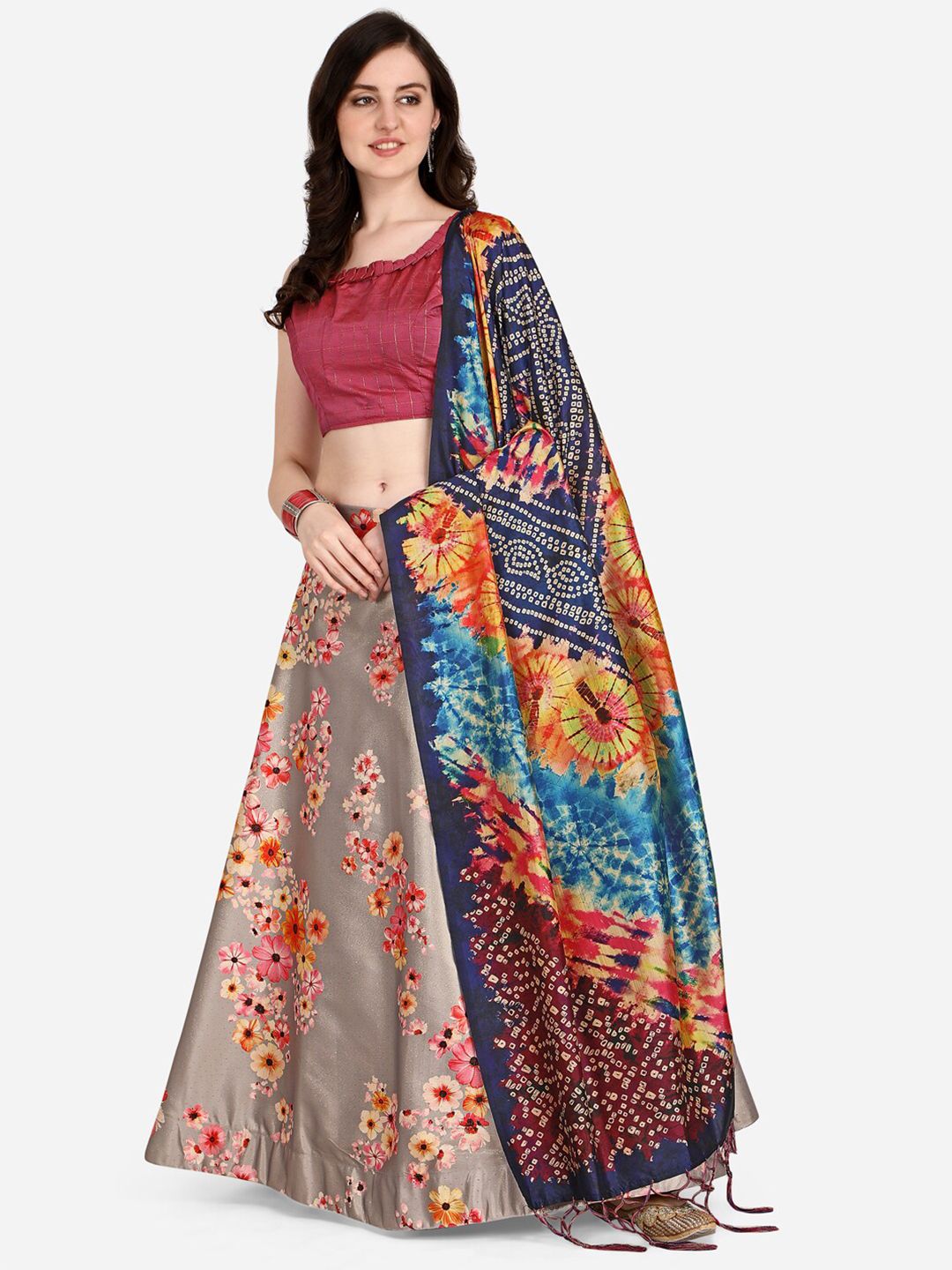 Mitera Beige & Red Printed Semi-Stitched Lehenga & Unstitched Blouse With Dupatta Price in India
