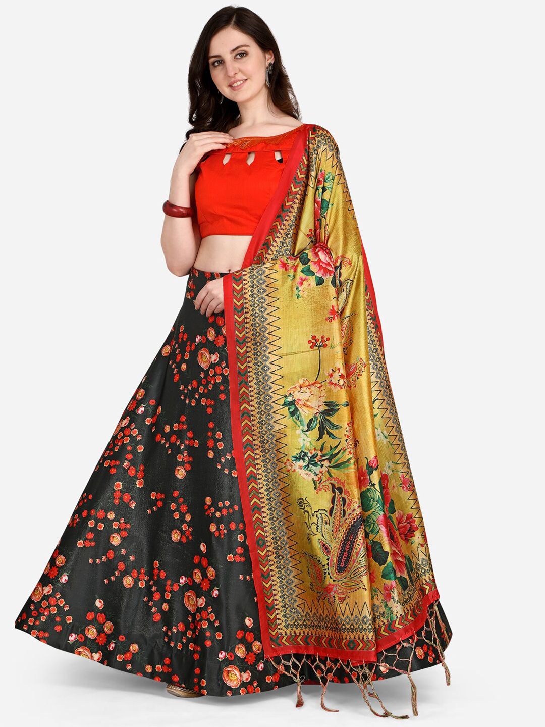 RAJGRANTH Black & Red Semi-Stitched Lehenga & Unstitched Blouse With Dupatta