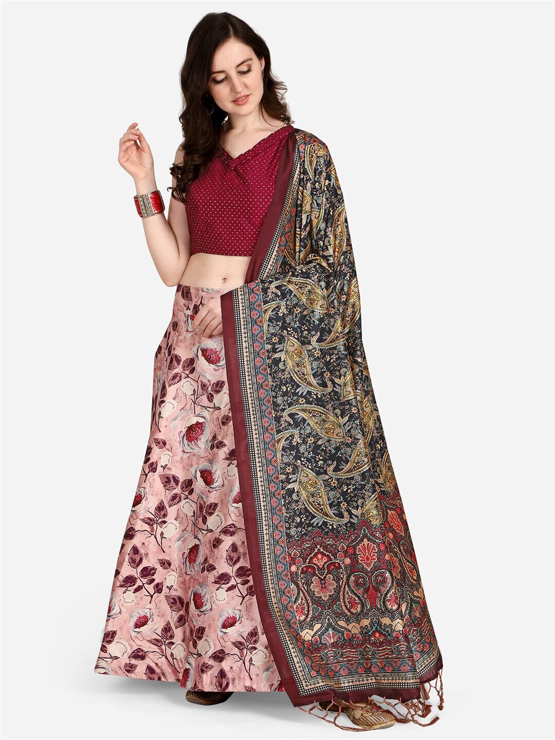 Mitera Pink & Red Printed Semi-Stitched Lehenga & Unstitched Blouse With Dupatta Price in India