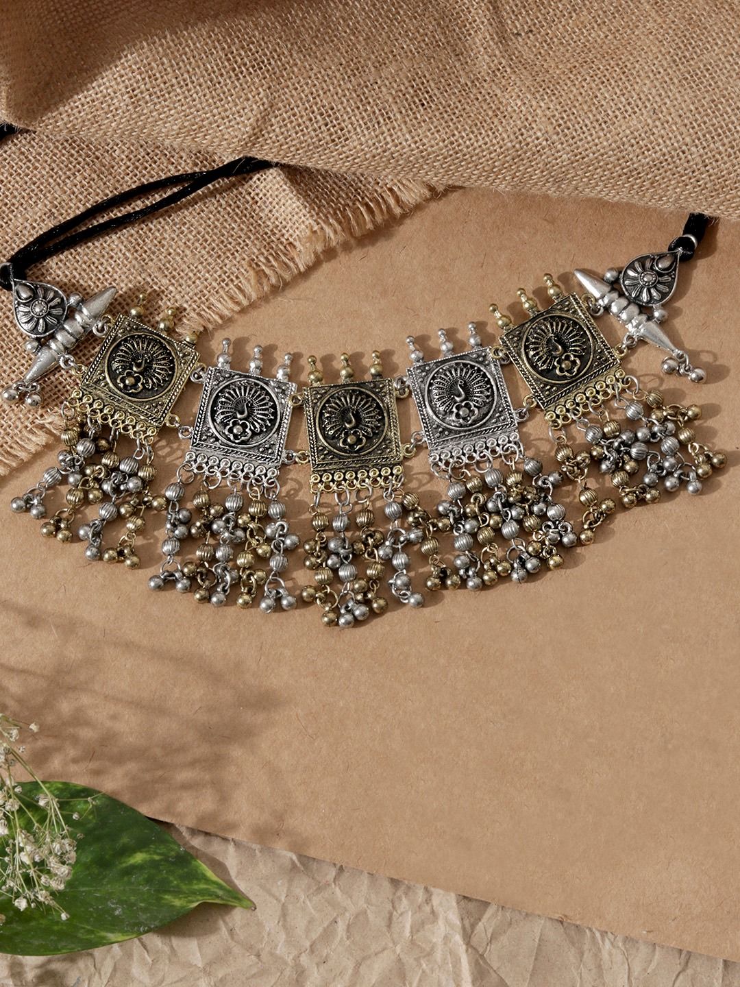 Fida Silver-Toned & Gold-Toned Oxidized Silver-Plated Choker Necklace Price in India