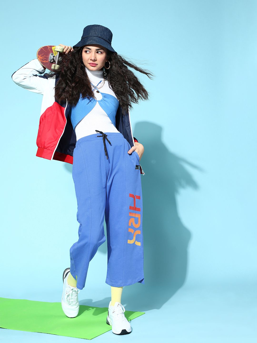 HRX By Hrithik Roshan Lifestyle Women Blue Pure Cotton Bio-Wash Typography Track Pants Price in India