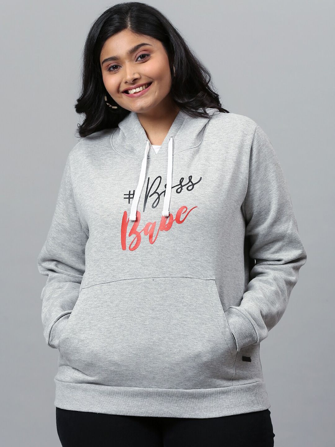 Instafab Plus Women Grey Printed Hooded Sweatshirt Price in India