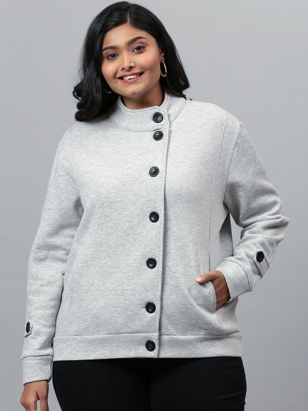 Instafab Plus Women Grey Windcheater Bomber with Patchwork Jacket Price in India