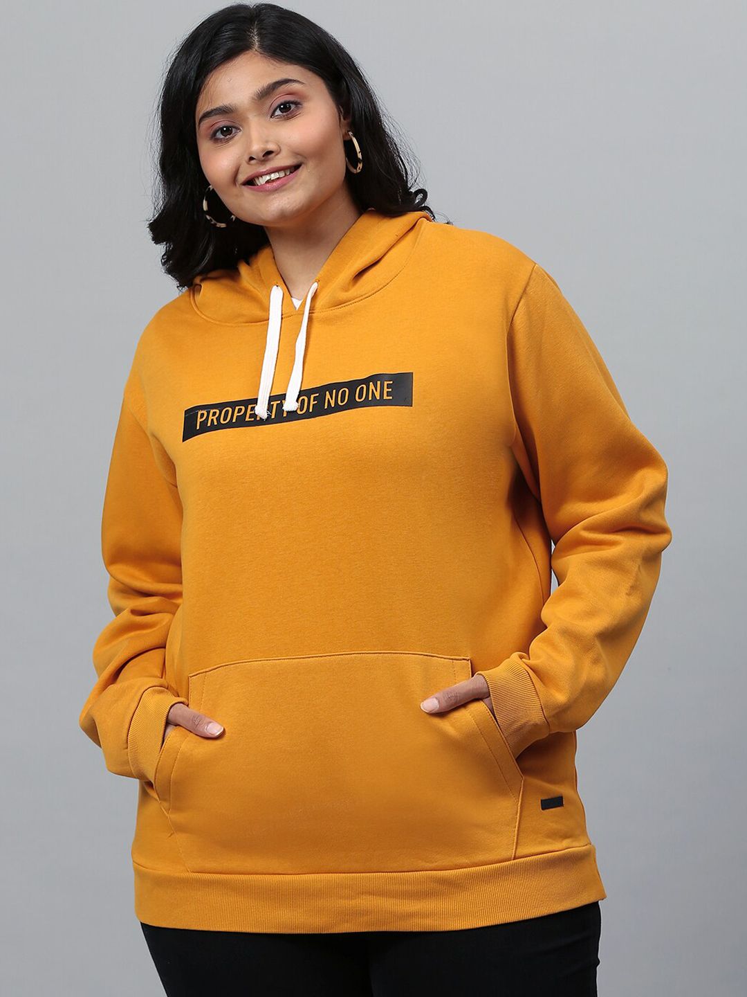 Instafab Plus Women Mustard Yellow Typography Printed Hooded Sweatshirt Price in India