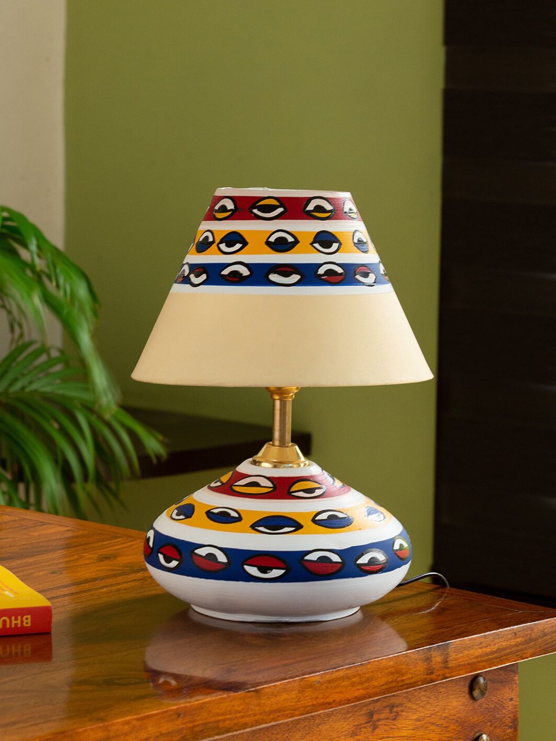 ExclusiveLane White Blue Hand-Painted Terracotta Terracotta Table Lamp with Shade Price in India