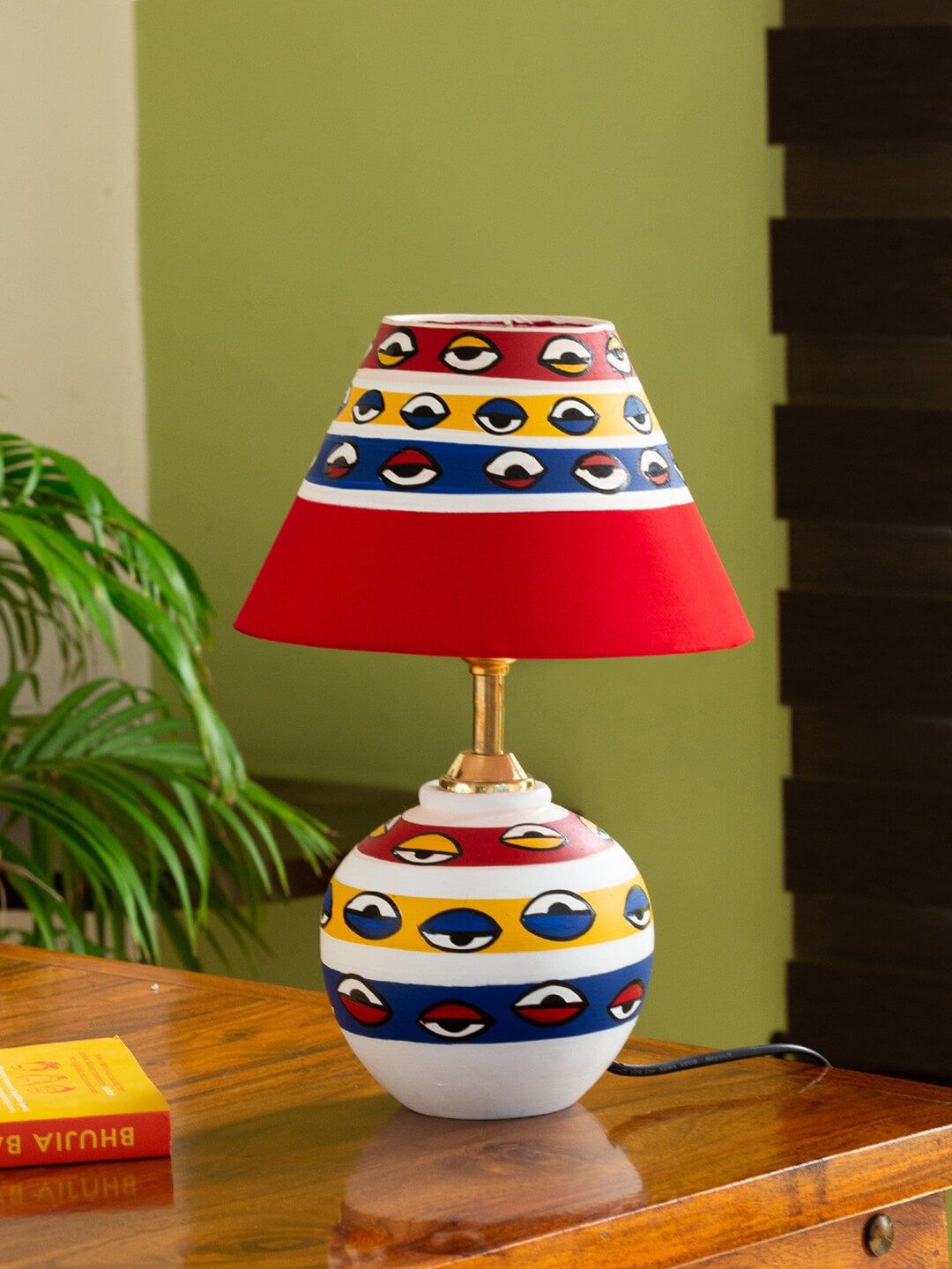 ExclusiveLane White & Red Terracotta Hand-Painted Terracotta Table Lamp with Shade Price in India