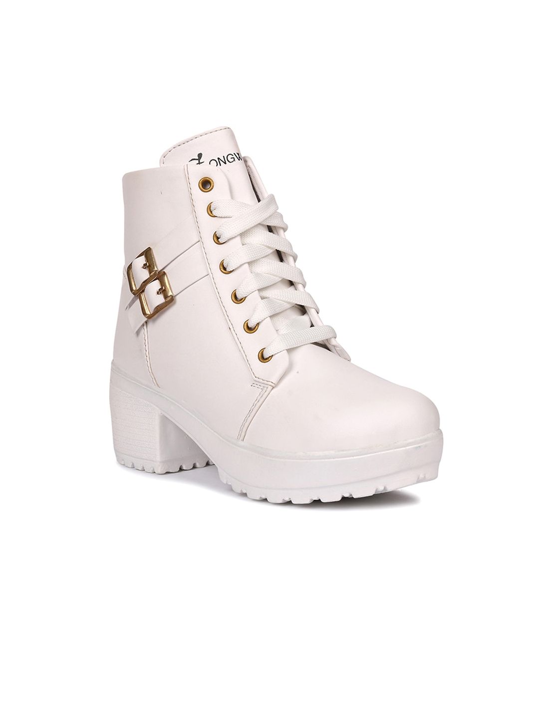 Longwalk White PU Platform Heeled Boots with Buckles Price in India