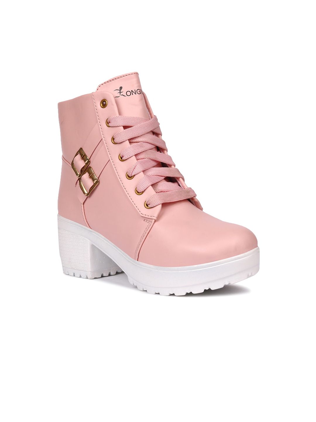 Longwalk Pink & White PU Platform Heeled Boots with Buckles Price in India