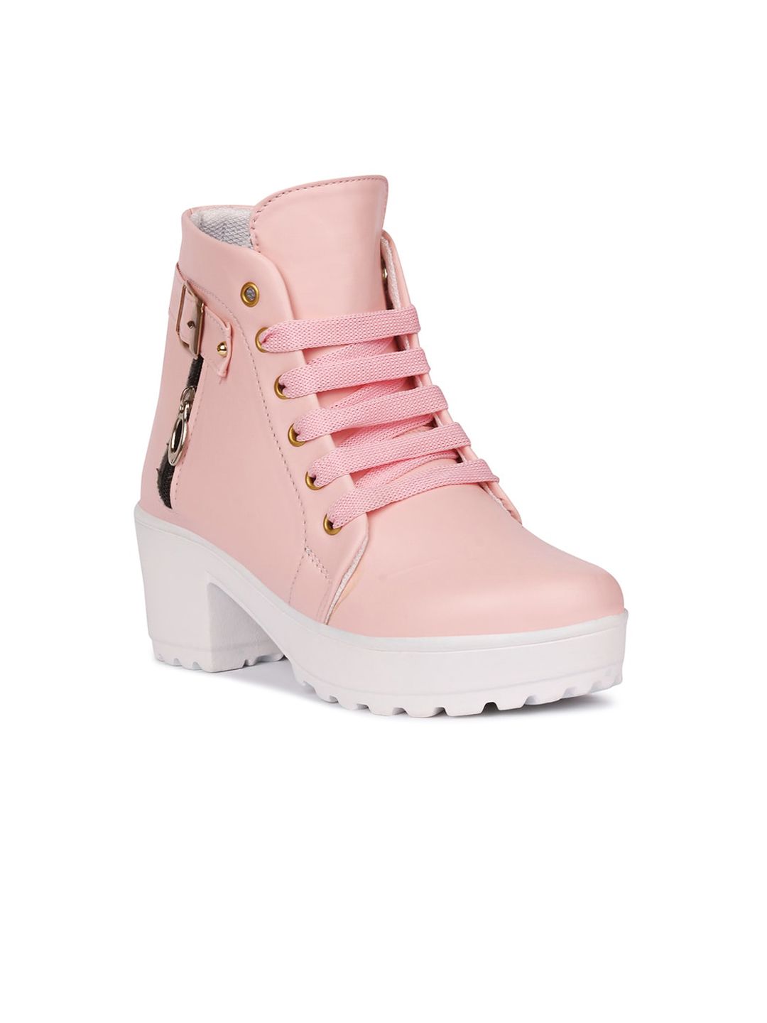 Longwalk Women Pink Solid PU Platform Heeled Boots With Buckles Price in India