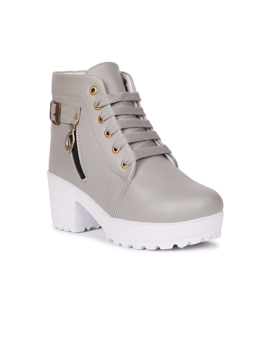 Longwalk Grey PU Platform Heeled Boots with Buckles Price in India