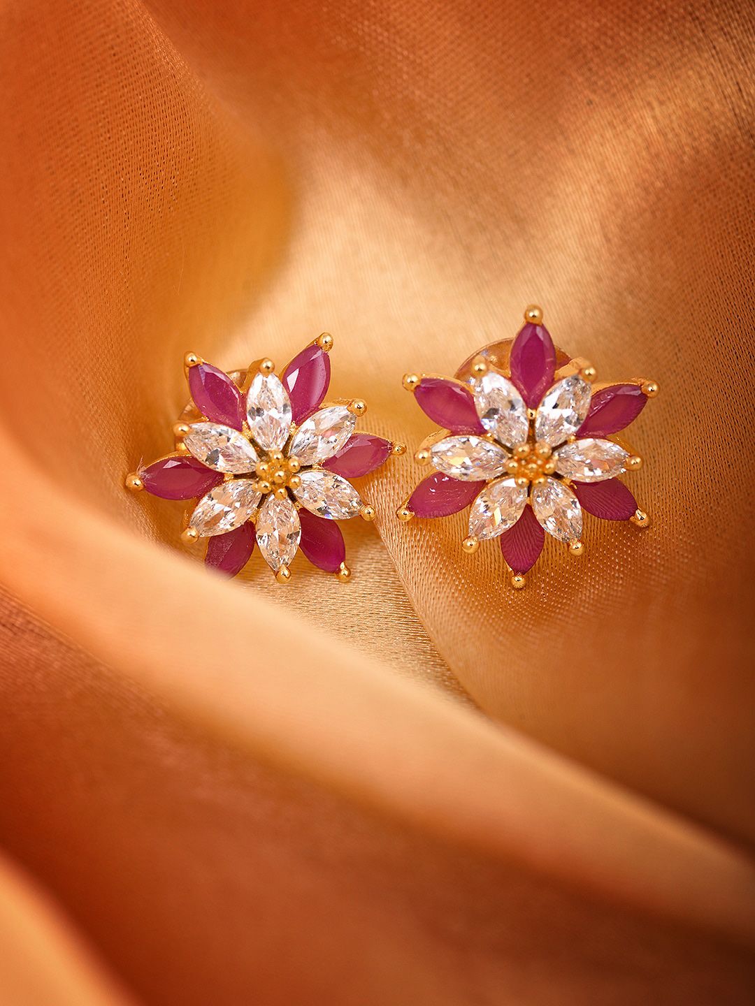 Saraf RS Jewellery Gold-Plated Magenta & White Floral Studs Earrings Price in India