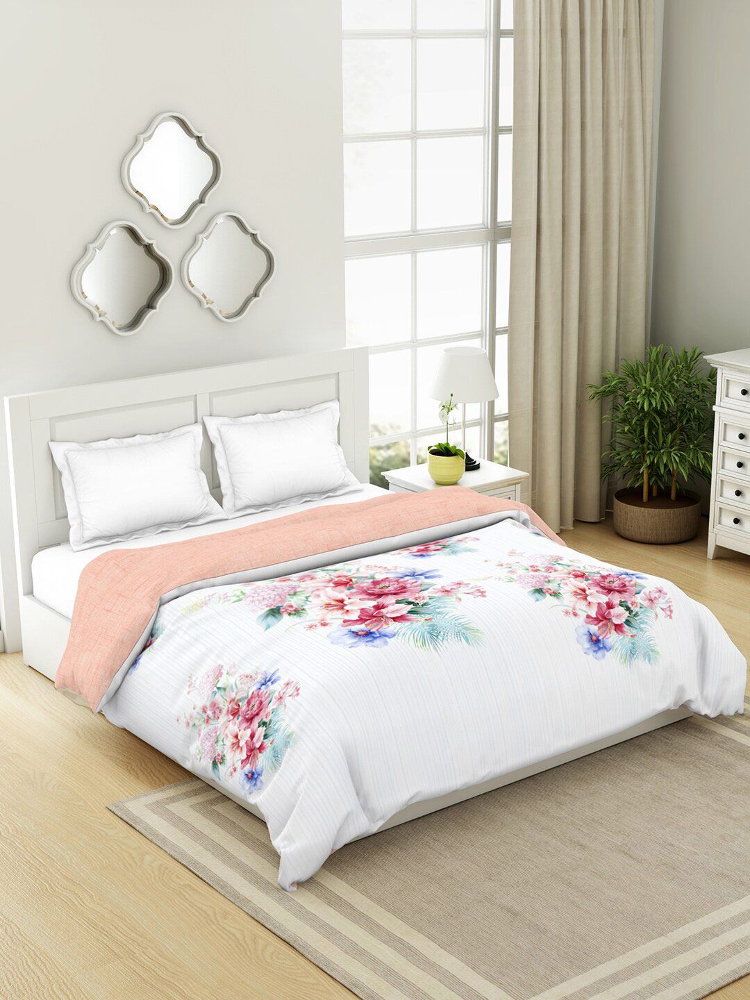 SPACES Organic Cotton White & Pink Floral AC Room 210 GSM Double Bed Quilt Price in India
