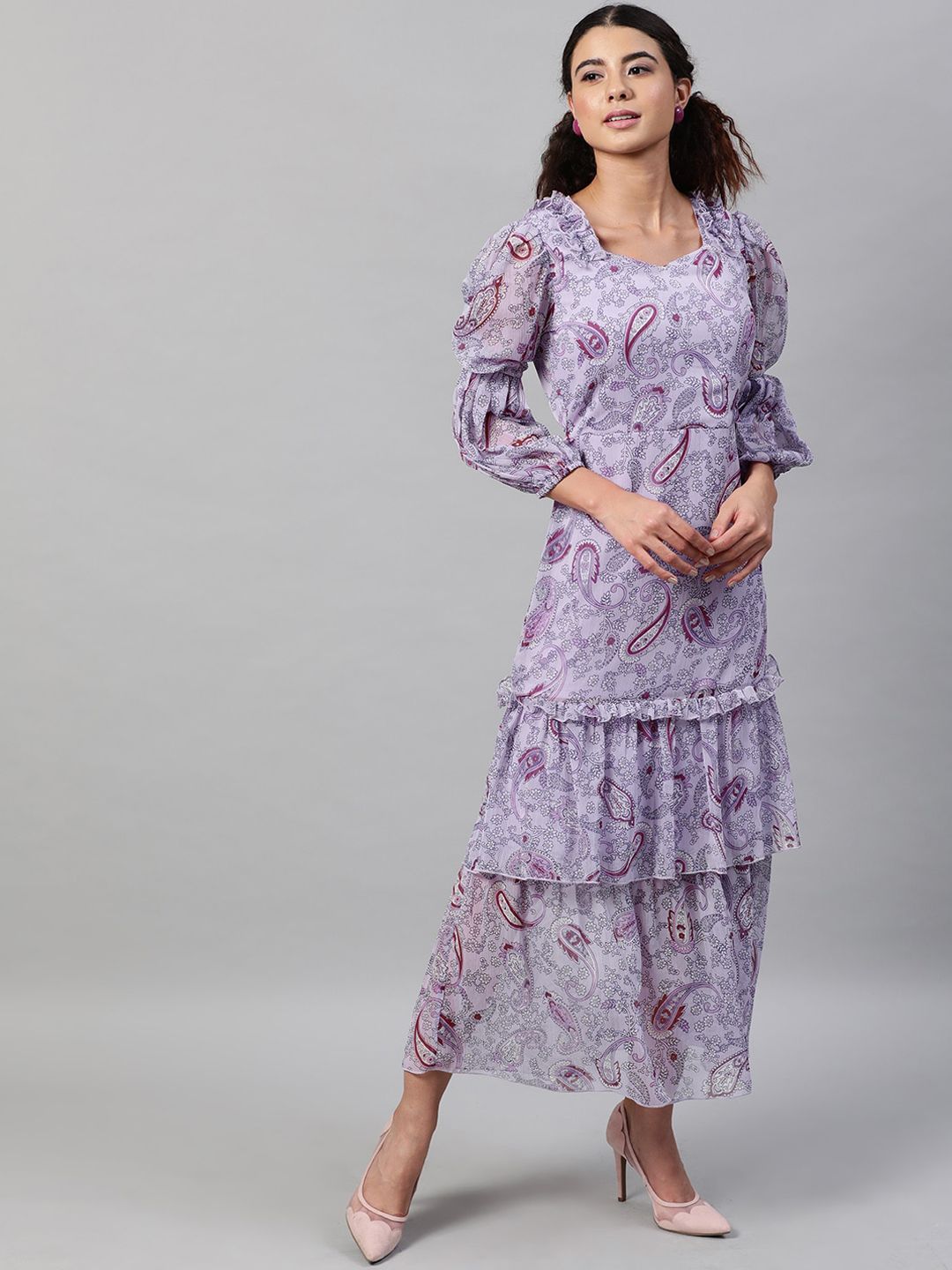 STREET 9 Lavender & Maroon Ethnic Motifs Chiffon Maxi Dress Price in India