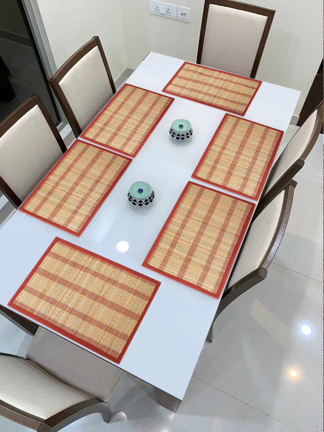HomeStorie Set Of 6 Tan Brown & Red Striped Handmade Eco-Friendly Table Placemats Price in India