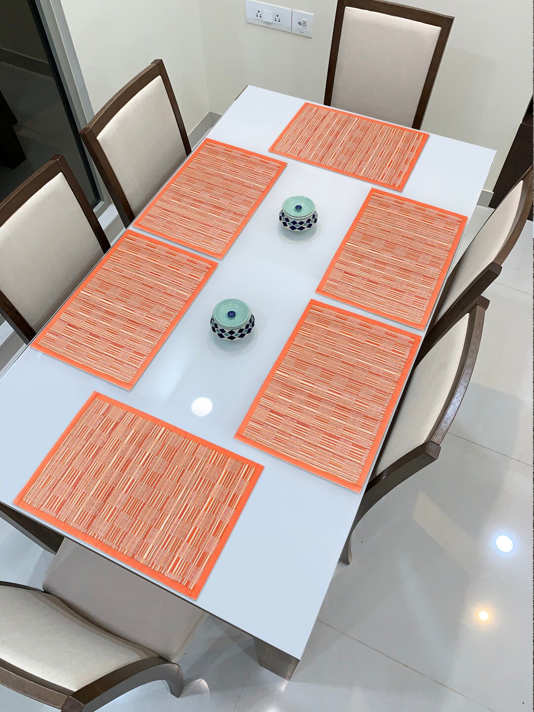 HomeStorie Set Of 6 Orange Striped Handmade Eco Friendly Table Placemats Price in India