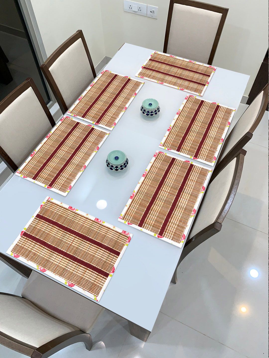 HomeStorie Set Of 6 Maroon & Beige Striped Handmade Table Placements Price in India