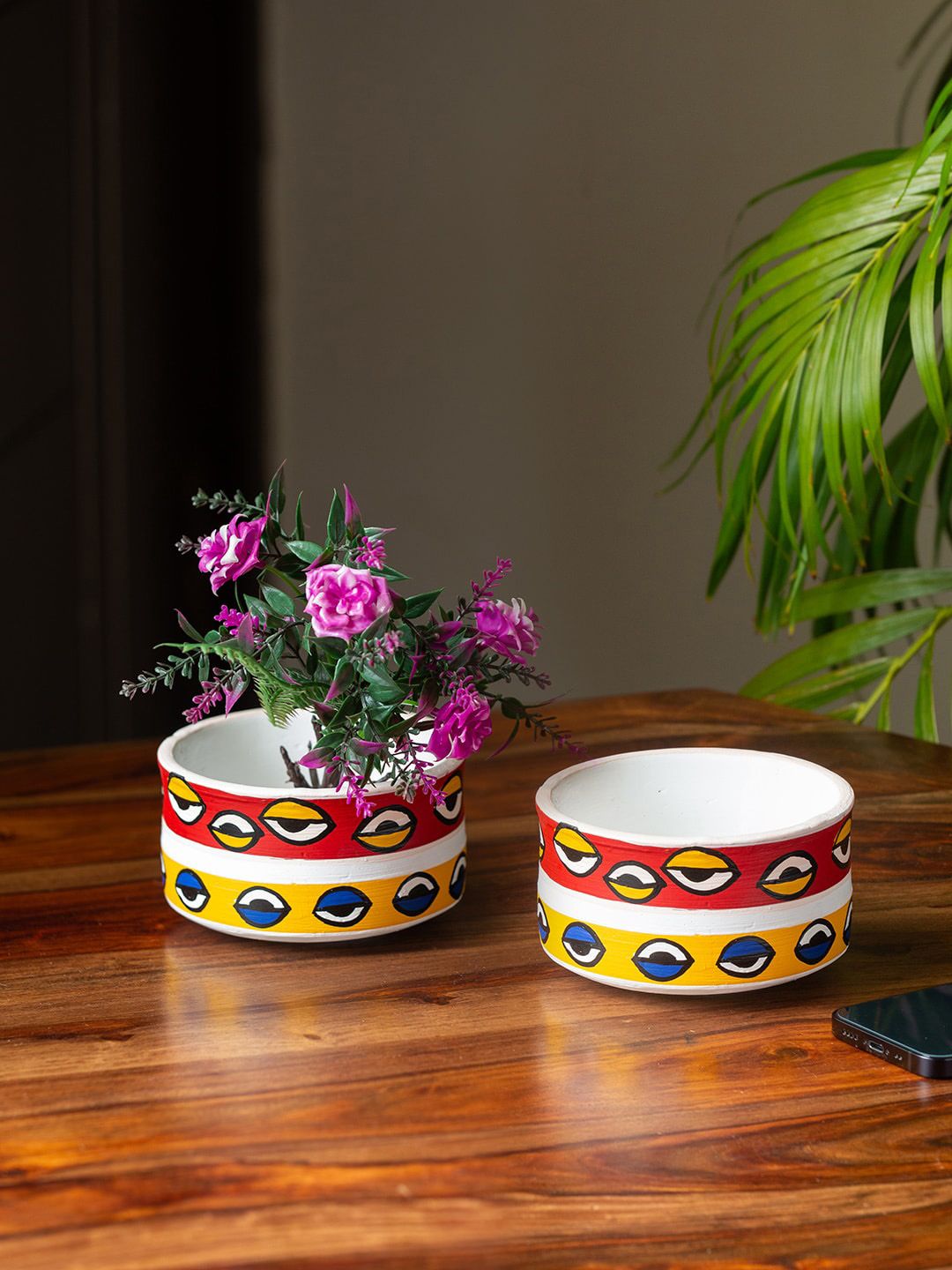 ExclusiveLane Set Of 2 White & Red Terracotta Table Planters Price in India