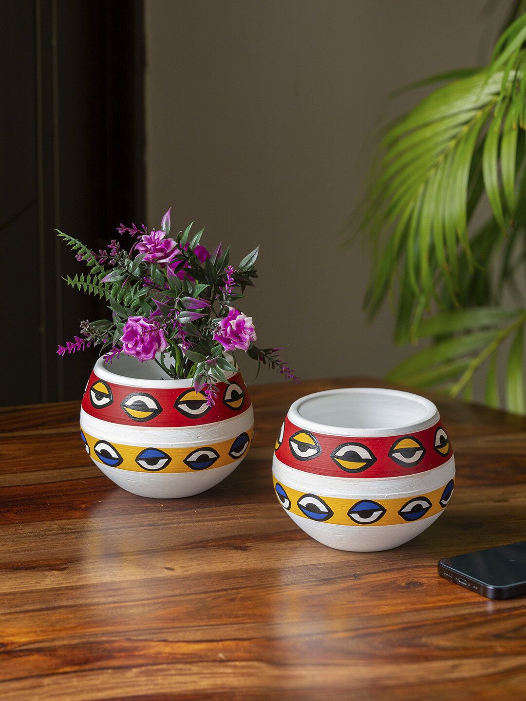 ExclusiveLane Set Of 2 White & Yellow Handpainted Terracotta Table Planters Price in India
