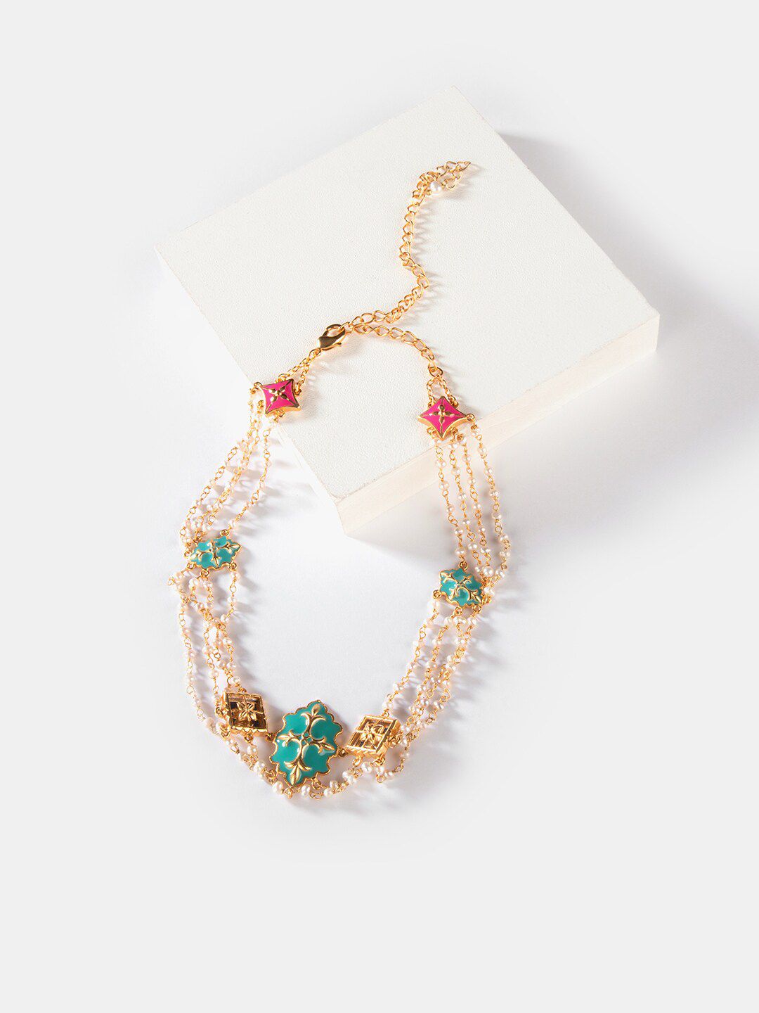 SHAYA Gold-Toned & Green Enamelled Brass Gold-Plated Choker Necklace Price in India