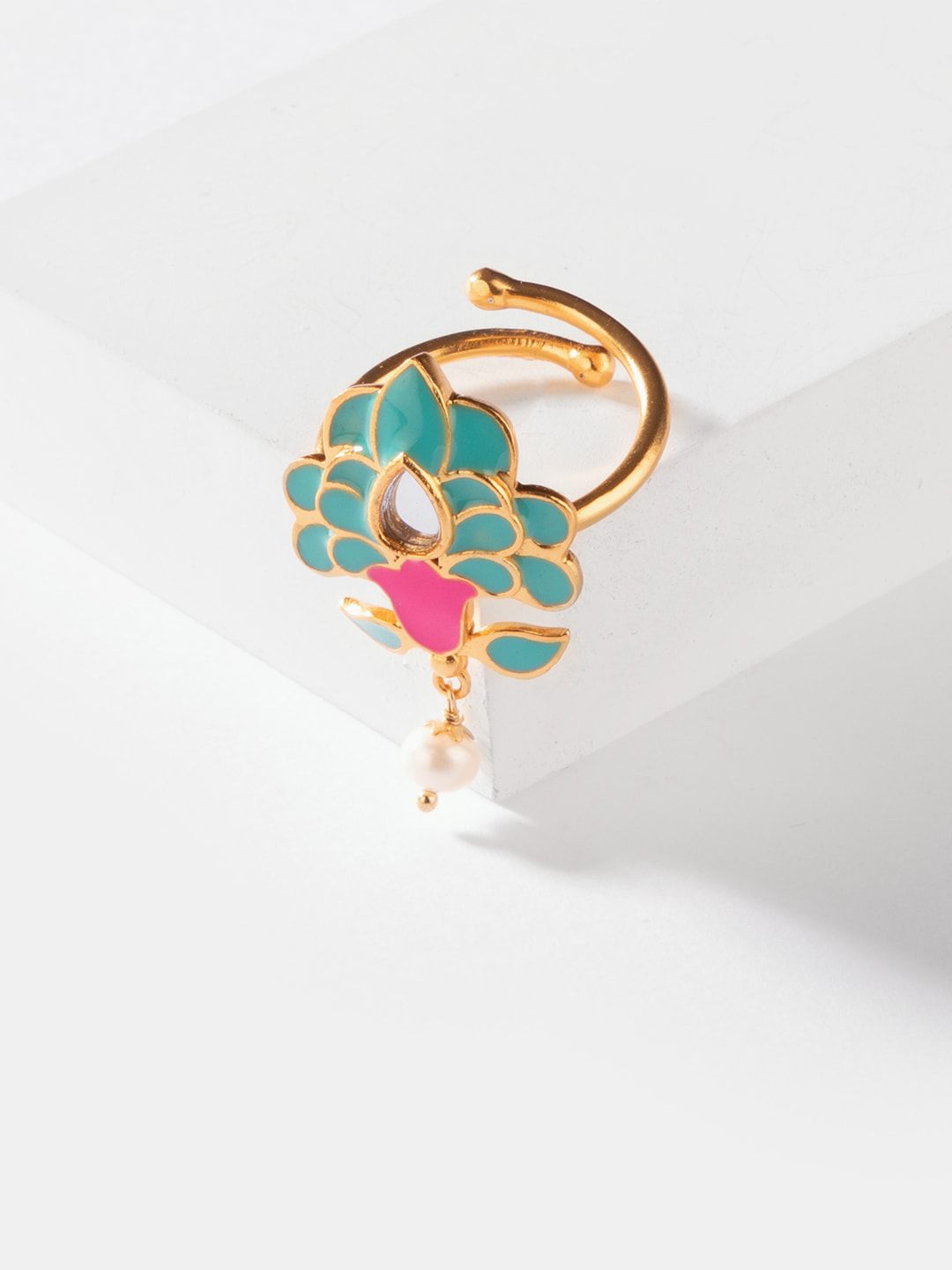 SHAYA Gold-Plated Pink & Green Enameled Handcrafted Finger Ring Price in India