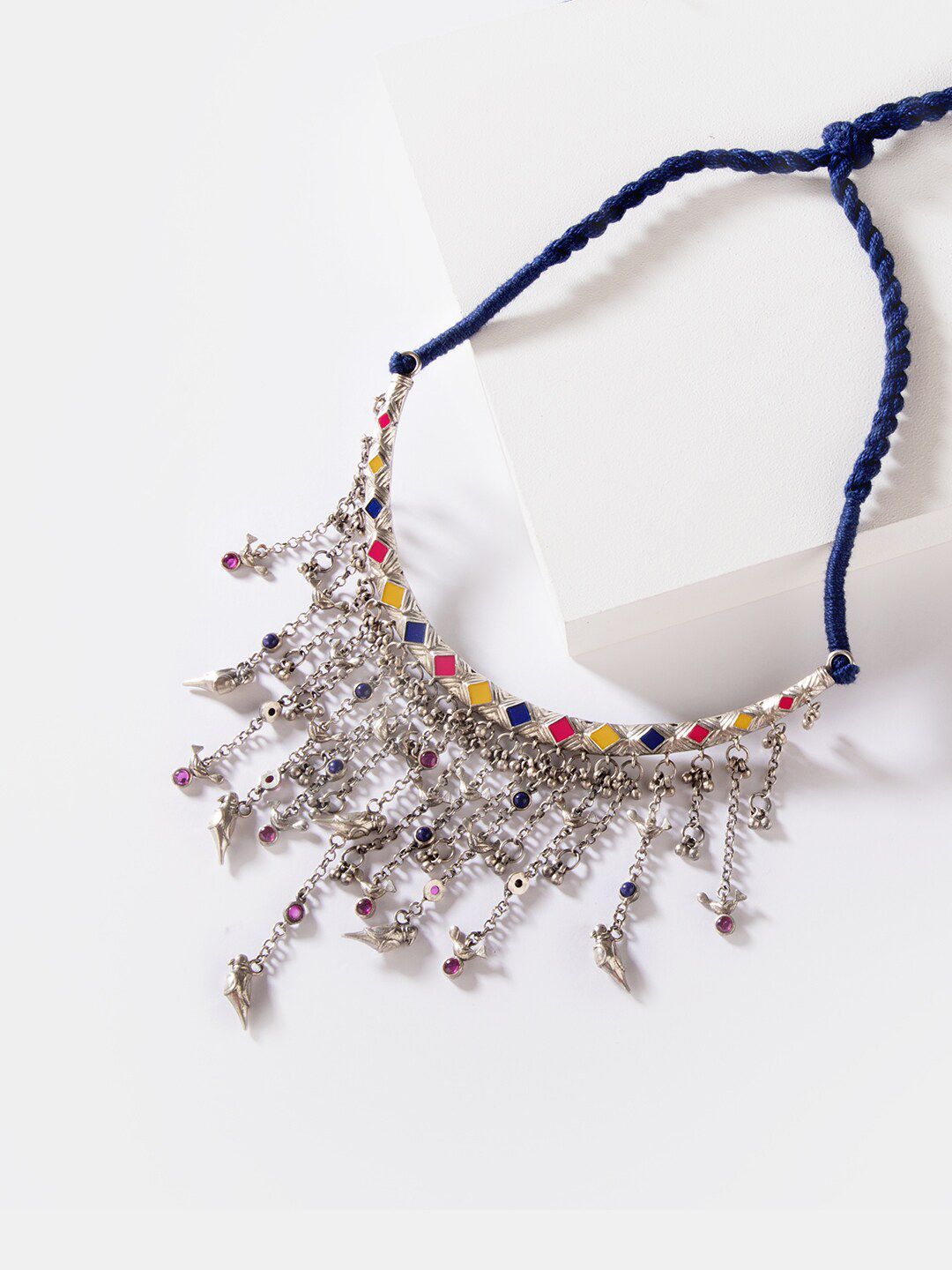 SHAYA Silver-Toned & Yellow Sterling Silver Silver-Plated Enamelled Necklace Price in India