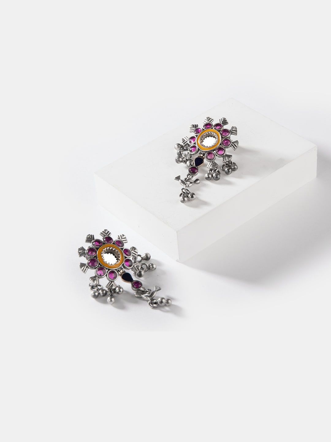 SHAYA Silver-Toned & Purple Contemporary Studs Earrings Price in India